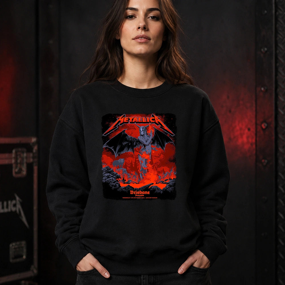 Metallica M72 World Tour November 12 2025 Suncorp Stadium Brisbane Australia T-shirt by Ken Taylor featuring a winged skeletal demon, flame details, wolf, red smoke, volcanic rocks, lava and Brisbane event text.